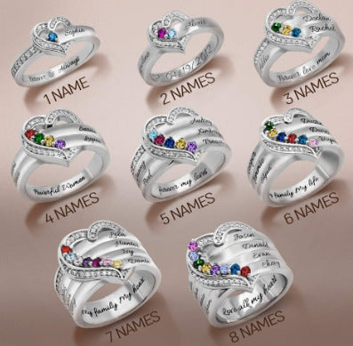 Personalized Heart Mother Ring with 1-8 Birthstones & Names Custom Birthstone Rings Family Ring Jewelry for Women Mother Daughter Grandmother