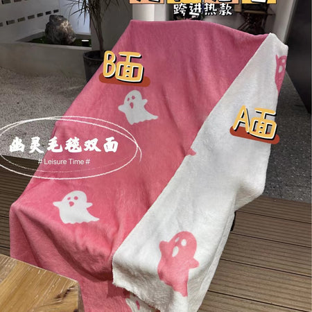 2023 Halloween Pink Ghost Blanket Flannel Reversible Super Soft Blanket