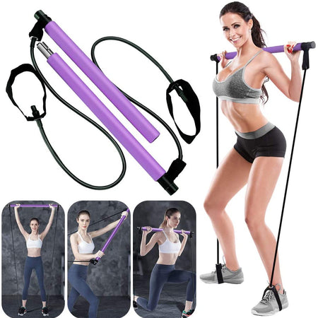 Pilates Bar Kit with Resistance Bands, Exercise Fitness Equipment for Women & Men, Home Gym Workouts Stainless Steel Stick Squat Yoga Pilates Flexbands Kit for Full Body Shaping