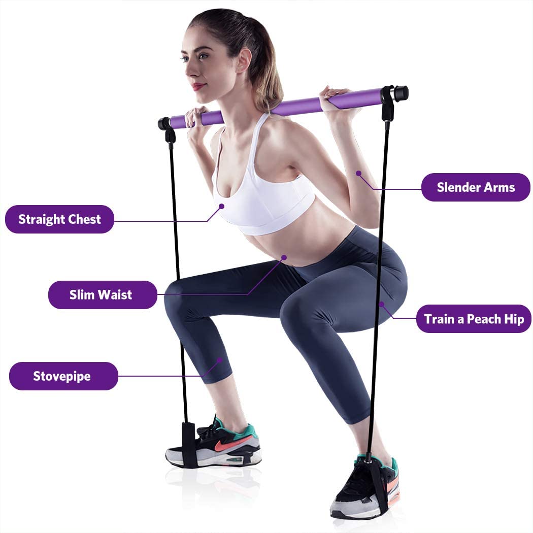 Pilates Bar Kit with Resistance Bands, Exercise Fitness Equipment for Women & Men, Home Gym Workouts Stainless Steel Stick Squat Yoga Pilates Flexbands Kit for Full Body Shaping