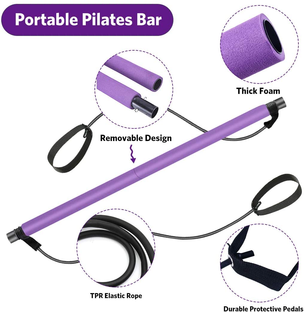 Pilates Bar Kit with Resistance Bands, Exercise Fitness Equipment for Women & Men, Home Gym Workouts Stainless Steel Stick Squat Yoga Pilates Flexbands Kit for Full Body Shaping